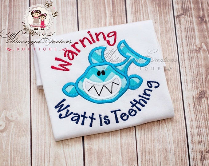 Warning I'm Teething Shark Shirt, Embroidered Boys Shirt, Baby Teething Outfit, Toddler Shirt, Teething Baby Shirt, Shark Shirt