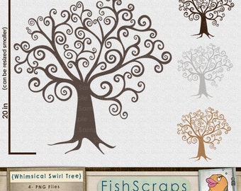 Digital Tree ClipArt, DIY Family Tree Clip Art, Whimsical Wish Tree Silhouette, Digital Download, Swirly Finger Print Tree Printable Graphic