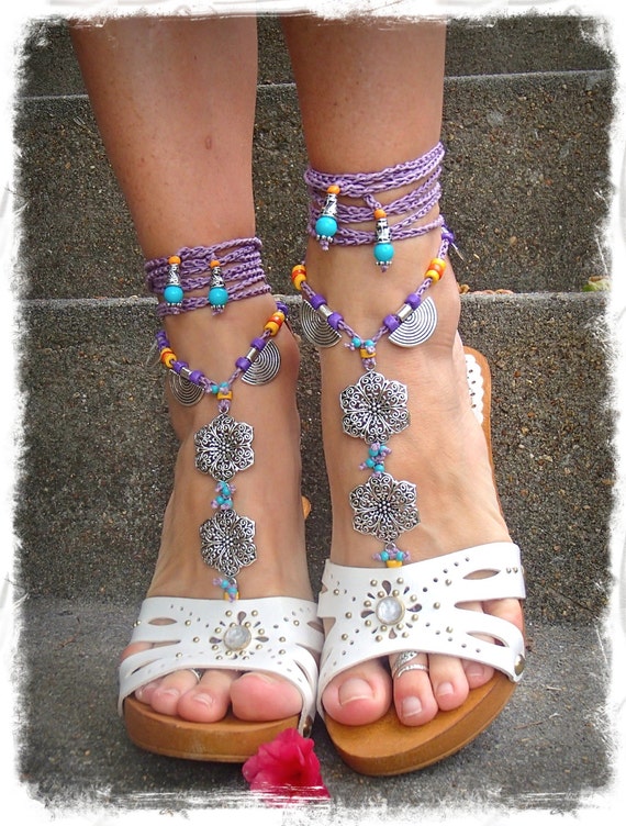 GYPSY purple BAREFOOT Sandals Anklets Crochet SANDALS Wedding