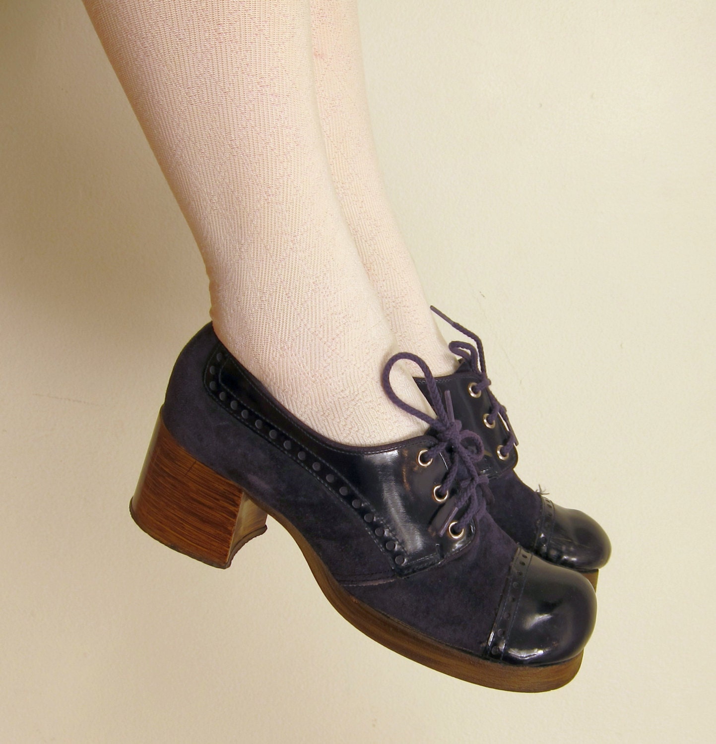 Vintage 60s 70s Blue Suede Shoes / Lace Up Platform Heels