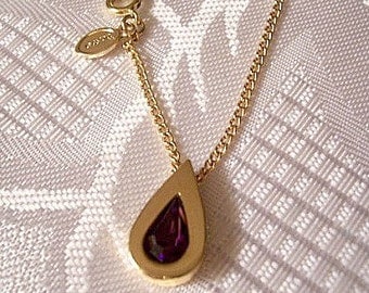 Purple Amethyst Teardrop Necklace Gold Tone Vintage Avon 1976 Adjustable Curb Link Chain