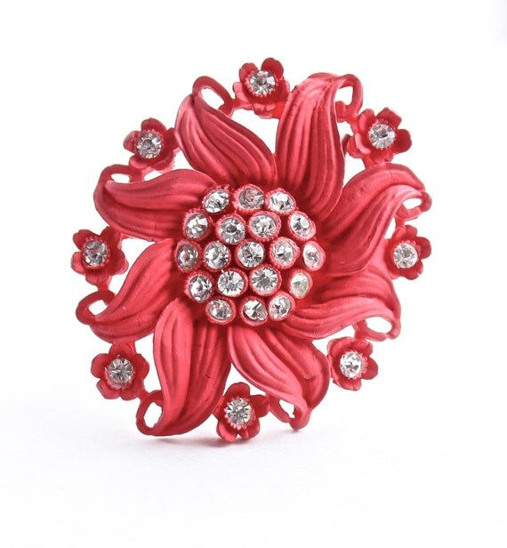 SALE Vintage Red Flower Rhinestone Brooch by MaejeanVintage