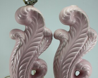 Mid Century Lamps Pink Ceramic Pair Plume Cottage Chic