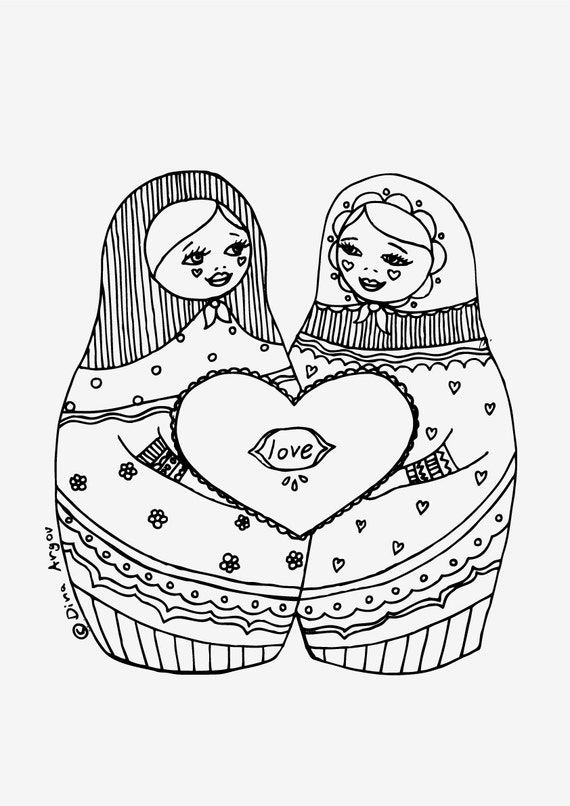 Download Items similar to Printable coloring page PDF Matryoshka illustration - love. on Etsy