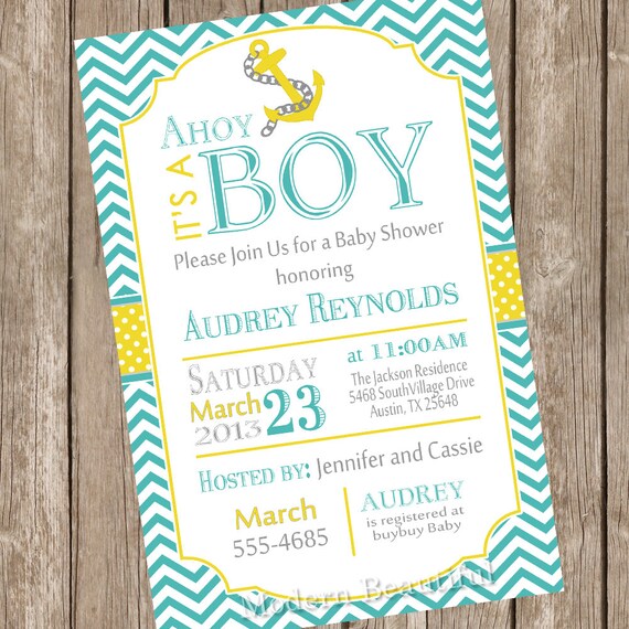 Chevron Ahoy it's a boy baby shower invitation, teal, yellow, anchor, nautical, printable invitation Il_570xn