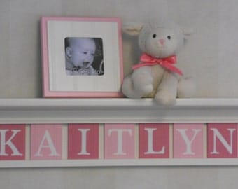 Pink Baby Girl Nursery Decor Bright or Off White Shelf with Wooden Letters Pink and Pastel Light Pink