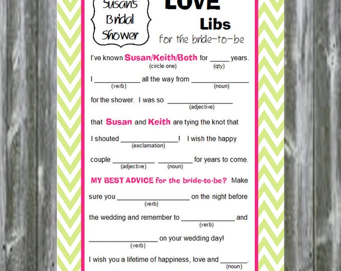 SALE Printable PDF File Bridal Shower Baby Libs Advice and Predictions