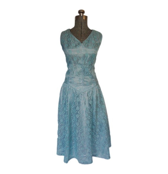 Vintage 1950s Dress 50s Blue Lace Acetate Drop Waist Party