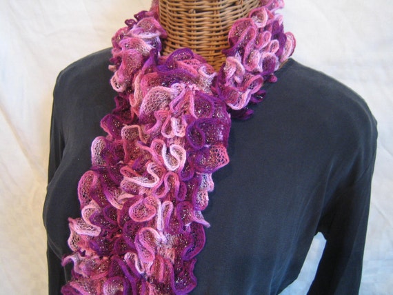 Knitted womens scarf ruffle frilly PLUM by frillyscarvesbyliz