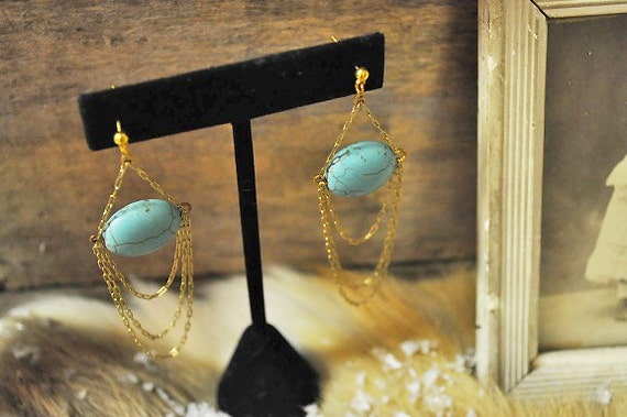 Something blue bridal dangle earrings - 1/20 14K gold filled natural turquoise - art nouveau - great gatsby 20s jewelry // Salammbô earrings
