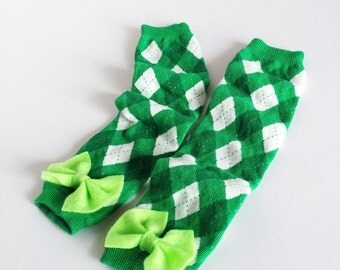 St Patricks Day Baby Leg Warmers Green Argyle with Bow