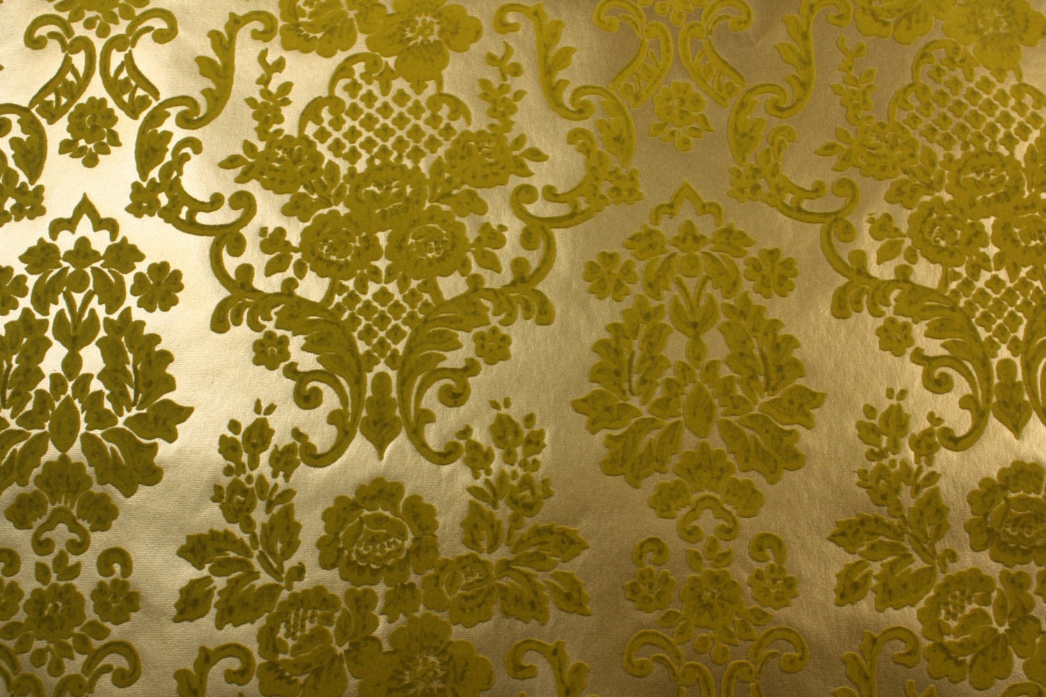 1970's Vintage Wallpaper Green Flocked Damask on metallic