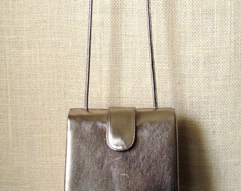 retro crossbody bag, gold bronze metallic clutch purse, vintage evening bag, cross body long strap, disco glam prom formal, 80s 1980s Ande