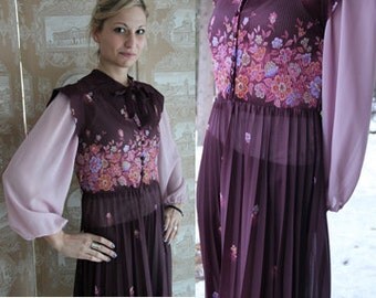 Vintage Meadows Prairie Dress / Tie Collar Purple Pleats / Pink Puff Long Sleeve Dress / Floral Pattern / Vintage Upcycled Dress / Size M-L