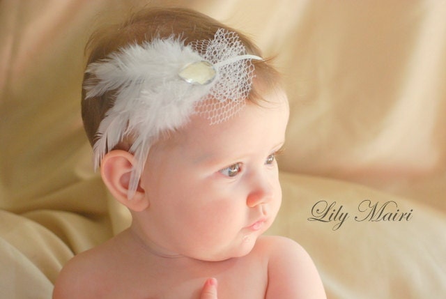 277 New baby headband netting 747 SALE White Christmas Feather Baby Headband/ Infant by LilyMairi 