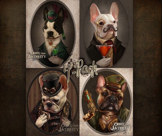 SALE Collector's Steampunk French Bulldogs Boston Terrier Victorian Original Illustration Portraits- 5x7 mini prints of All 4