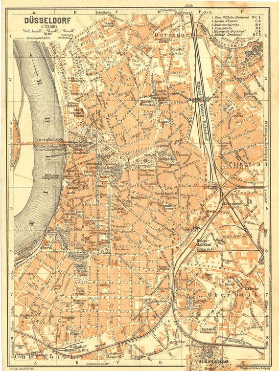 1925 Dusseldorf City Map Street Plan North Rhine