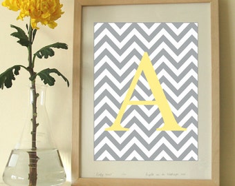 Monogram Art Print, Chevron Letter, Modern Wall Decor, Initial Artwork
