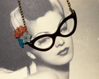 Glasses Necklace, 50s Style, Cat Eye Glasses, Rockabilly Jewelry, Black Glasses, Flower Glasses, Retro Glasses, Fifties Style, Pin Up Style