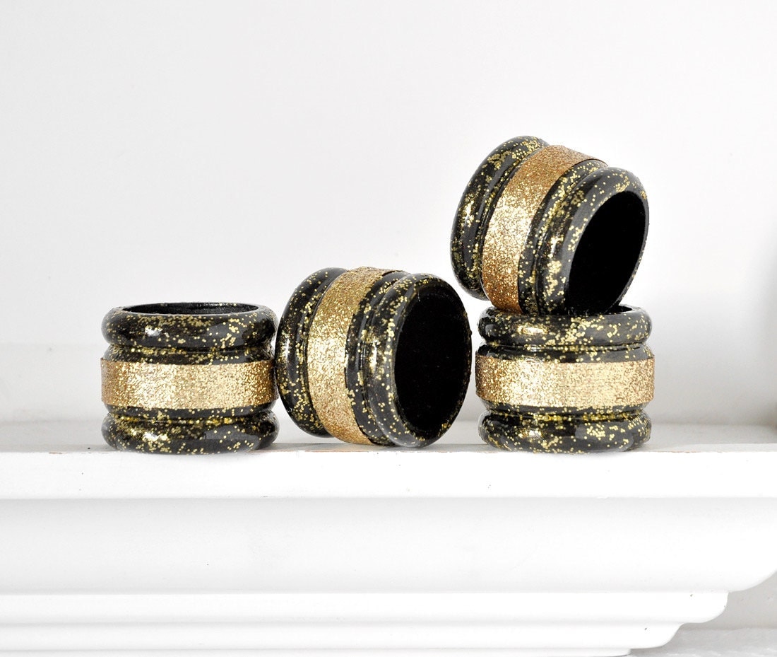 Holiday Table Decor. Black and Gold Glitter Napkin Rings.