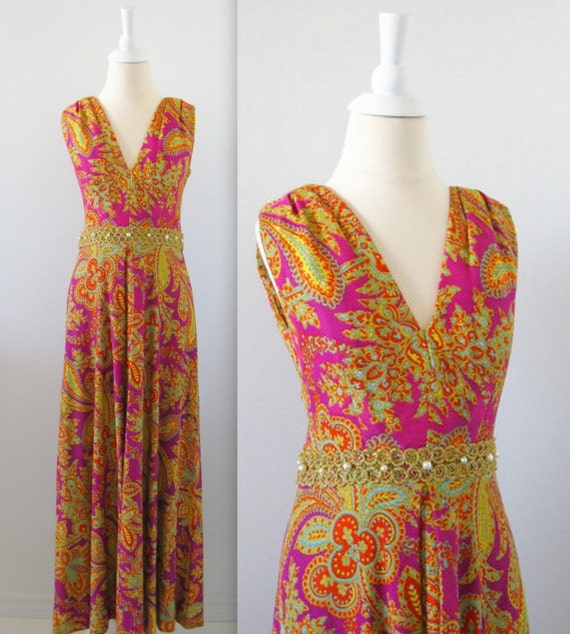 Vintage Maxi Dress 1970s Formal Bohemian Paisley by TwoMoxie