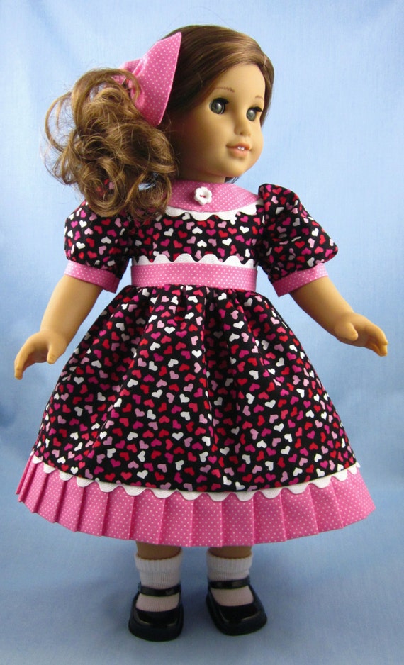 18 Inch Doll Clothes Dress and Hair Bow in Hearts and Dots