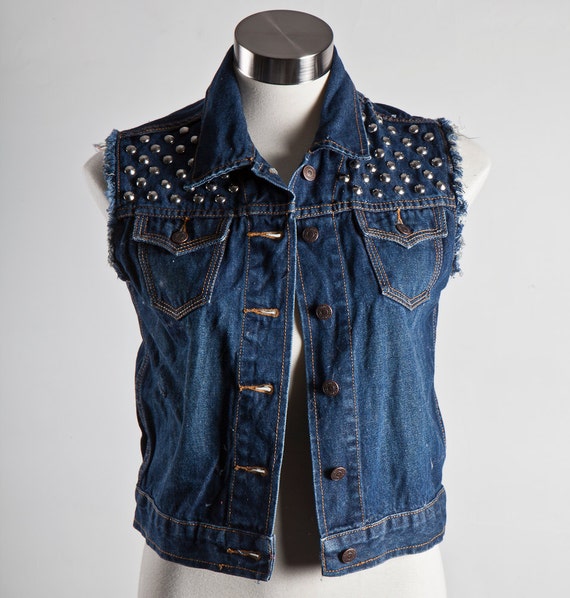 Denim Vest Jacket Dark Blue Frayed with Conical Studs