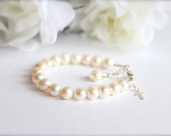 Real Pearls Sterling Silver Cross Baptism Gift Cultured Freshwater Pearls, Keepsake Bracelet, Christening, Communion -- FREE Gift Packaging