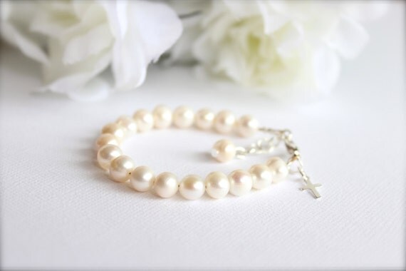 Real Pearls Sterling Silver Cross Baptism Gift Cultured Freshwater Pearls, Keepsake Bracelet, Christening, Communion -- FREE Gift Packaging