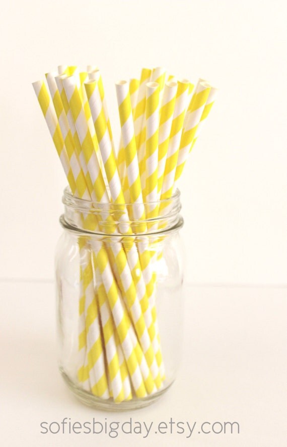 Striped Paper Straws-Yellow retro straws-cake pop sticks-25 Yellow Stripe Straws-paper straws-yellow straws-25 count Il_570xn
