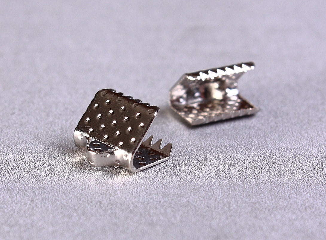 8mm x 6mm Ribbon ends silver tone Textured ribbon ends