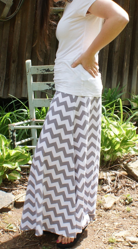 Women's Gray Grey and White Chevron Maxi Skirt by AmyAnneApparel