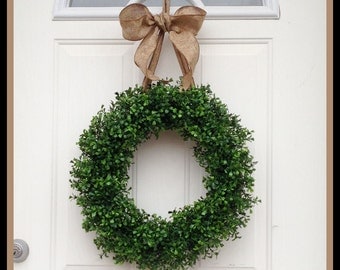Boxwood Wreath - Round Boxwood - Wreaths - Door Hanger - Everyday Front Door Wreath - Choose Color Burlap Ribbon