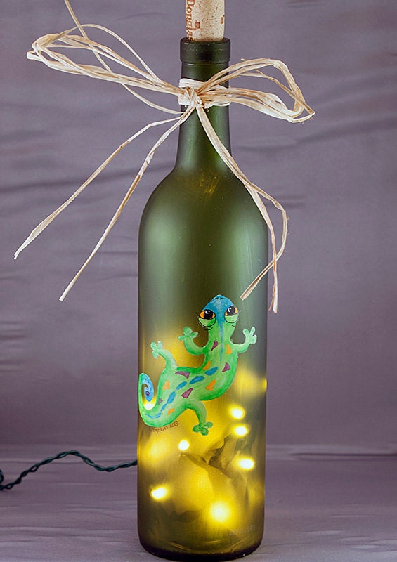 lighted wine bottle green gecko recycled wine bottle lamp light green bottles