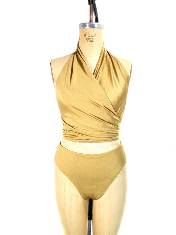 1990s Michael Kors Gold Bathing Suit Wrap Tankini Bikini Two