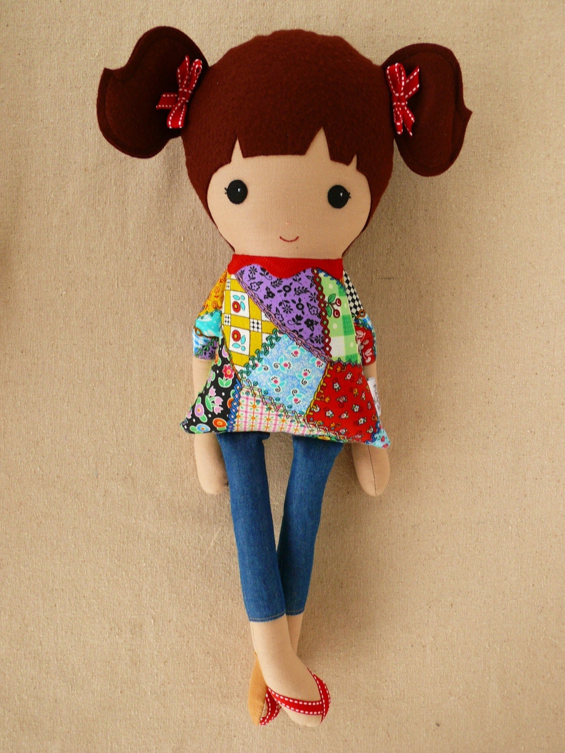  Fabric  Doll  Rag Doll  Girl in Patchwork Dress and Ponytails