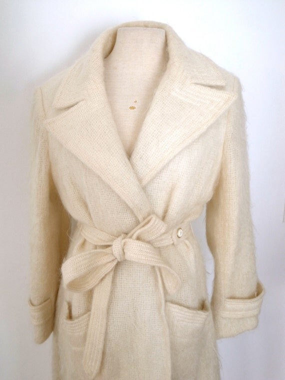 White Cream Mohair Long Jacket Medium Vintage Winter Coat