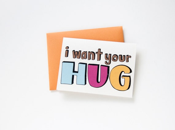 i miss you card. i want your hug. hand drawn. long by katievaz