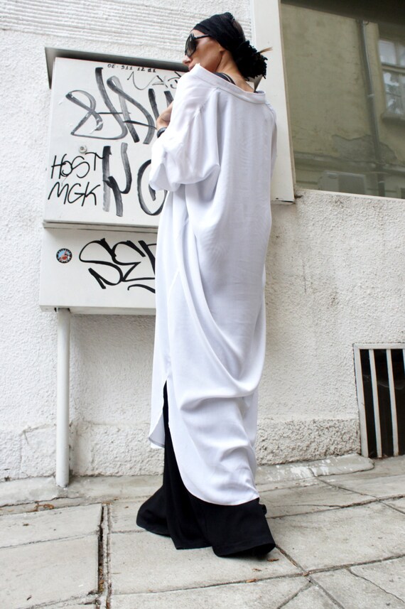 White Long Oversize Loose Shirt/ Asymmetric Maxi Shirt/