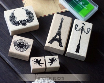 Antique Rubber Stamp Set - Wood Stamp - Deco Stamp - Diary Stamp - Filofax - Euro Style - 6 pcs in