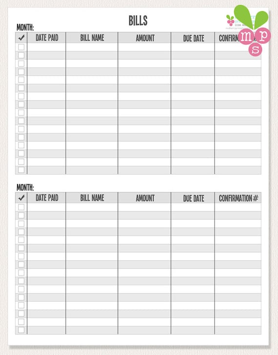 INSTANT DOWNLOAD Bill Chart Checklist