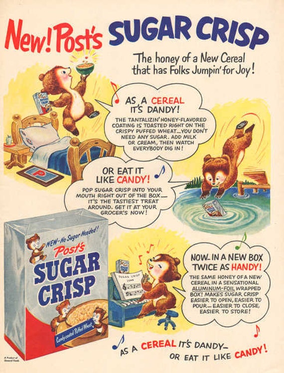 Vintage 1951 Nostalgic cereal print ad Post's Sugar Crisp