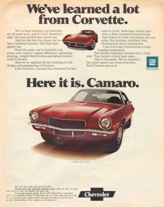 Vintage 1971 Chevrolet Camaro car print ad Sport Coupe red