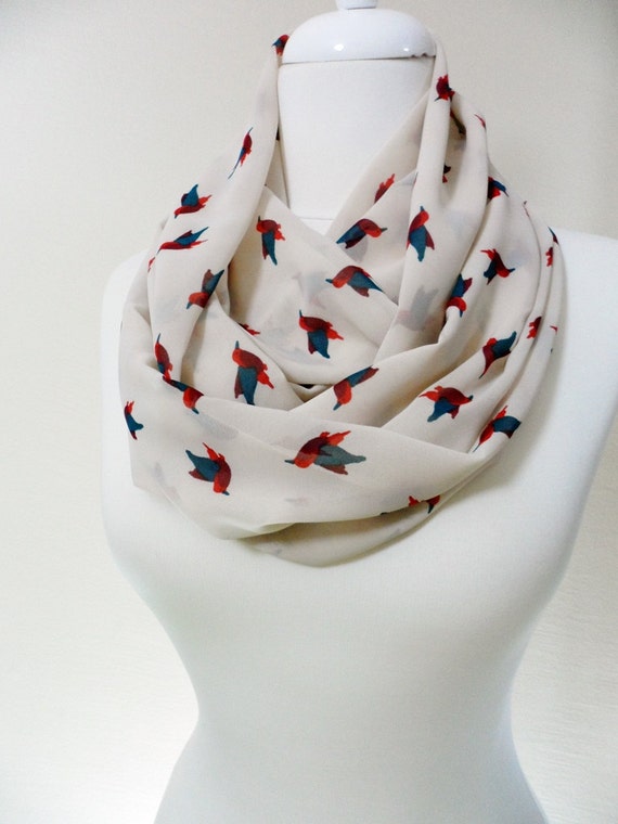 Bird pattern Chiffon Infinity scarf Circle scarf Loop scarf
