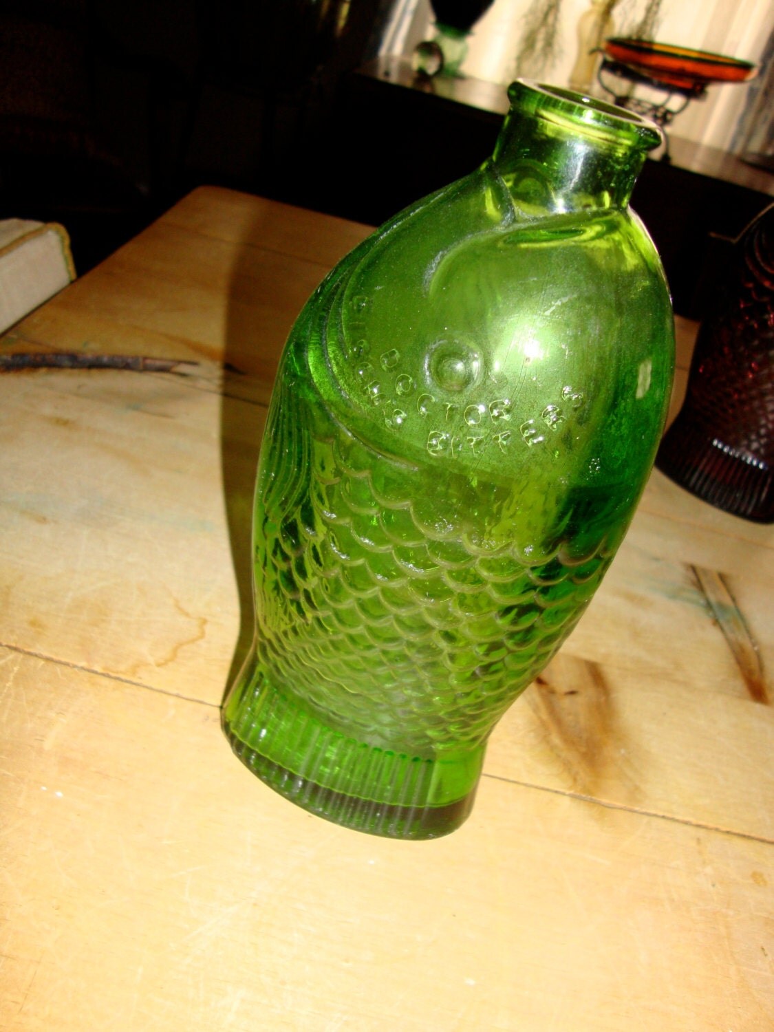 Vintage Doctor Fisch's Bitters Fish Bottle Emerald Green