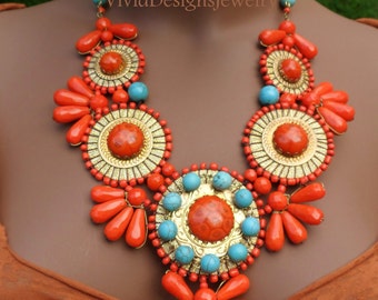Turquoise and Coral Statement Necklace - Designer Jewelry - Statement Necklace - Indian Jewelry