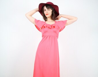 Vintage Hippie Dress Maxi Dress Coral Pink Dress Ruffle Flutter Angel Sleeve Empire Waist Dress Boho Festival Sundress 70s XS S Extra Small