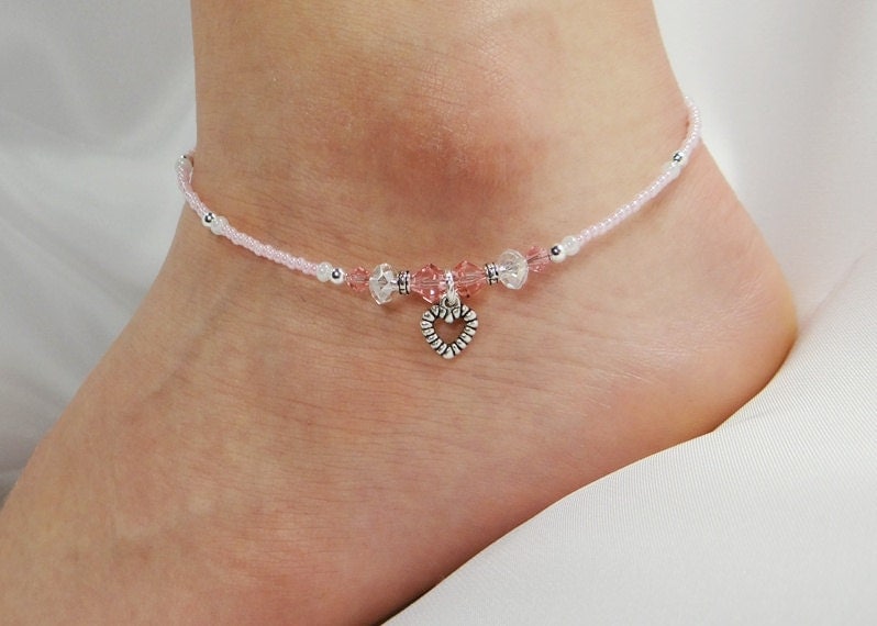 Anklet Ankle Bracelet Heart Dangle Charm Rose by ABeadApartJewelry