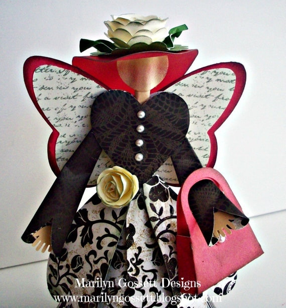 8" tall, Chic, Romantic Country Angel.  Handcrafted from Damask papers and cardstock