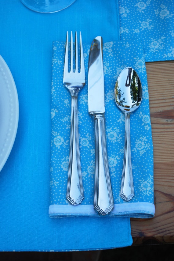 Fabric Cloth Napkins Blue and White Floral Print Cotton